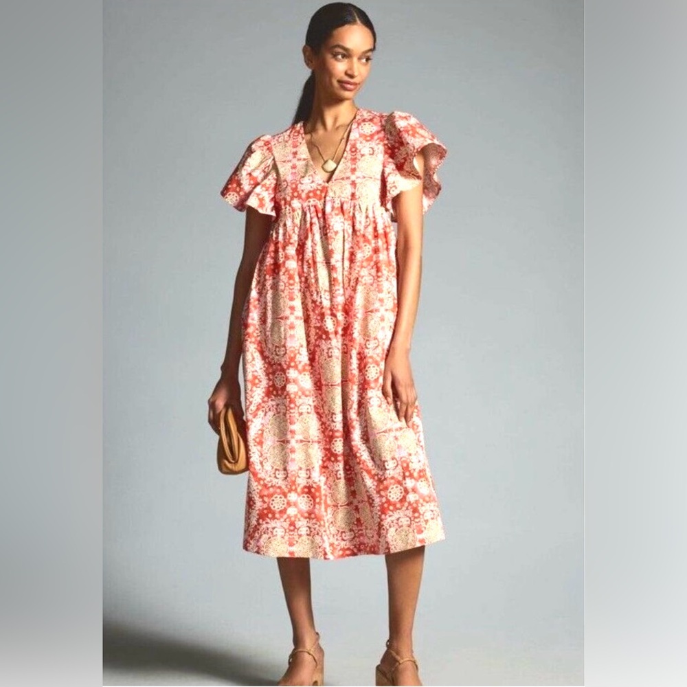 Anthropologie  Maeve Printed Flutter sleeve Babydoll Floral Mindi Dress
